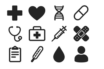 Obraz premium Vector medical icons set for healthcare and medicine. Flat symbols collection: cross, heart, DNA, pill, stethoscope, first aid kit, syringe, bandage, thermometer, blood drop.