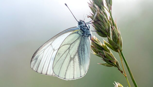 Delicate white butterfly perched on a grass seed head. Soft, diffused light highlights the translucent wings