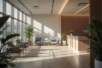 Bright and Welcoming Waiting Area with Natural Light and Elegant Furnishings and Green plants