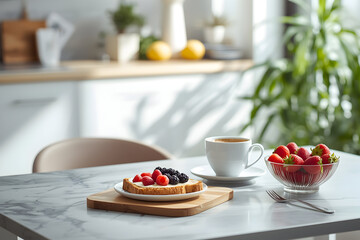 Bright Breakfast Still Life with Berry Toast, Coffee, and Strawberries for a Wholesome Start