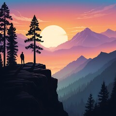 Solitary hiker watches a vibrant sunset over mountain peaks