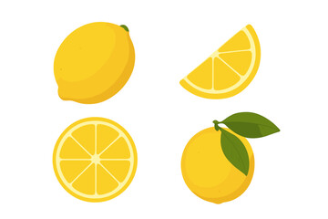 Set of fresh lemon fruit vector illustrations. Collection of citrus icons including whole lemon, juicy slice, half cut and with green leaves. Healthy organic food concept.