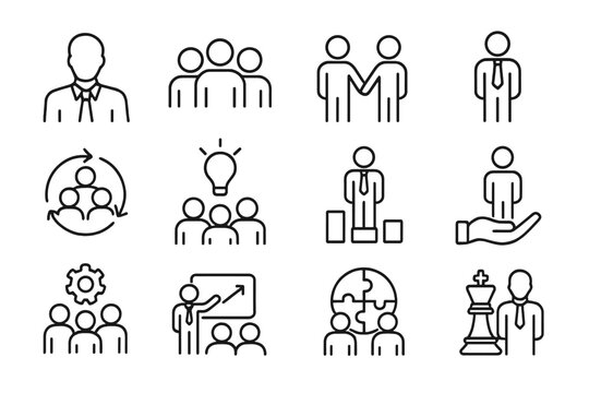 Business and teamwork line icons set. Concepts of leadership, management, strategy, career, and HR. Vector signs for human resources, presentation, brainstorming and staff.
