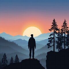 Lone hiker silhouetted against a majestic mountain sunset