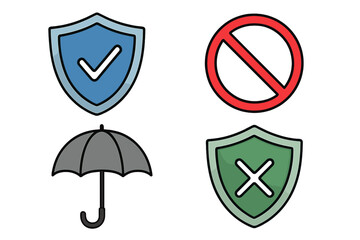 Protection and prohibition symbols set. Blue shield with check mark, red no entry sign, black umbrella icon, green shield with X mark. Safety, security, denial concept isolated objects.