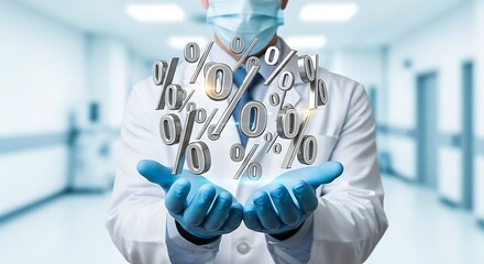 Doctor holding digital data and medical symbols in hands with blurred hospital hallway background
