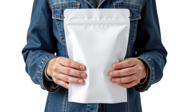 Person Holding Blank Packaging Bag Studio Product Photography Neutral Background Close-Up Marketing Concept