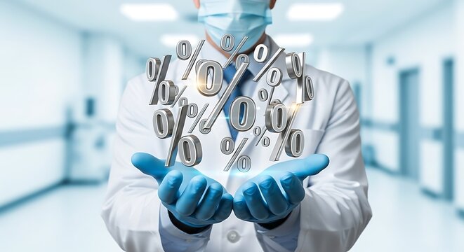 Doctor holding digital data and medical symbols in hands with blurred hospital hallway background