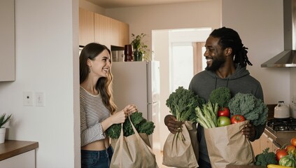 A diverse young couple, a white woman and a Black man in their late 20s, unloads fresh produce from reusable grocery bags in their apartment kitchen, showcasing a sustainable and healthy lifestyle.