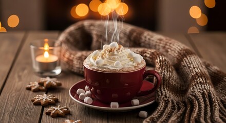 A red mug of hot chocolate with marshmallows and cookies nearby