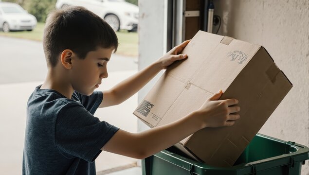 A realistic photograph captures a focused teenage boy with autism, meticulously flattening a cardboard box in his family's garage - Powered by Adobe