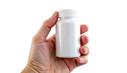 Hand Holding a White Pill Bottle Indoor Setting Product Photography Neutral Background Close-Up View Health Awareness