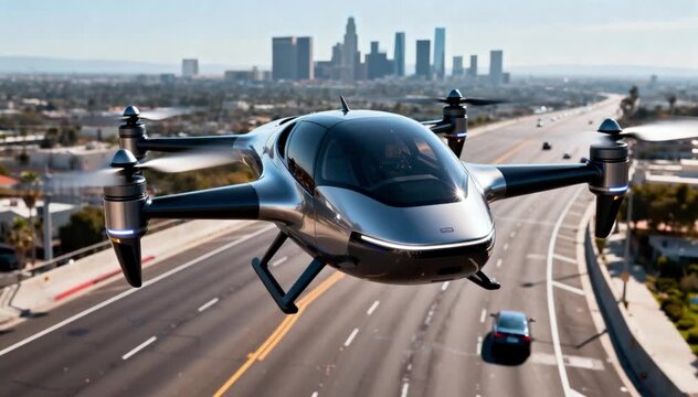 A futuristic flying car hovering above a city street with skyscrapers in the background. The vehicle has a sleek design and multiple rotors.