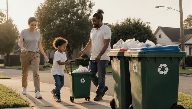 A heartwarming, realistic photograph captures an Indigenous family engaged in the important act of preparing their sorted recycling bins