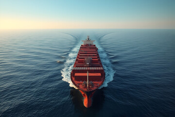 Cargo ship navigating across calm open ocean, transporting goods globally, emphasizing scale