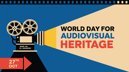 Vector art of world day for audiovisual heritage october 27, stylized film camera projecting light beam