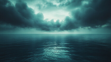 Dark haunted ocean under black and blue sky, eerie clouds and mist create a mysterious, gloomy, and unsettling atmosphere for horror or thriller themes.
