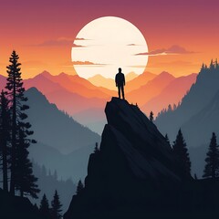 Lone figure silhouetted against a majestic mountain sunset
