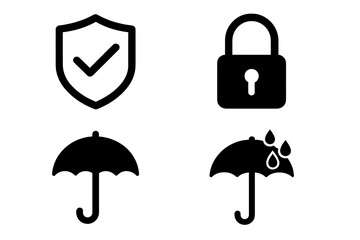Protection and Security Icons Set. Shield with Check Mark, Locked Padlock, Umbrella and Water Droplets. Reliable Safety Symbols for Data, Privacy, Insurance, Weather Protection Concepts.