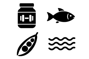 Protein supplement jar with dumbbell, fish, pea pod, and water waves icons collection. Fitness nutrition, healthy food, omega-3, plant protein, and seafood diet concepts, nutrition symbols vector set.