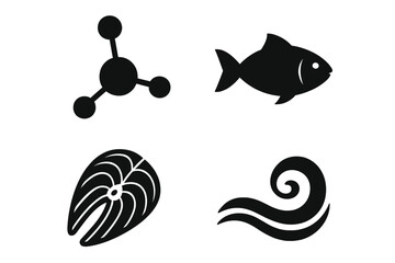 Protein molecular structure and sea life vector icons set with fish silhouette, fish steak, sea wave symbol, and molecular connection diagram, marine biology and food concept illustration