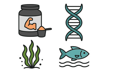 Protein supplement jar with muscle icon and scoop, DNA double helix strand, green seaweed plant, blue fish swimming, marine nutrition and molecular biology concept vectors