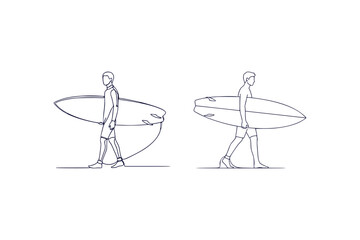 Minimalist Surf Art Two Line Drawings of People Carrying Surfboards Side View Simple Beach Scene Line Art