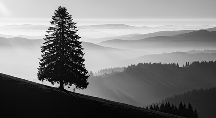 Lone tree silhouetted against misty mountain layers at sunrise
