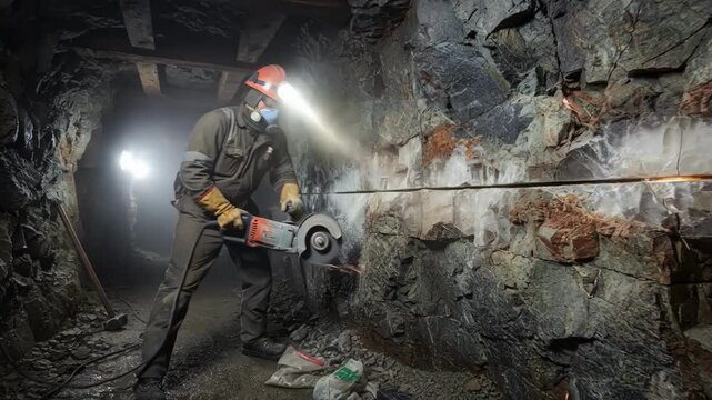 Medium shot of a miner performing channel sampling by cutting a continuous rock section to test metal distribution along a vein