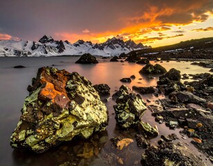 Vivid sunset over calm water by mountains