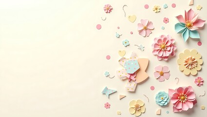 Delicate pastel floral decorations scattered on a light background