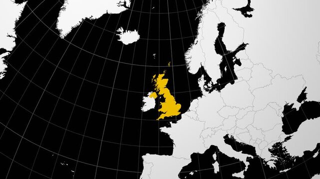 United Kingdom map. Animated zoom into the country on the Globe in Black White color palette. Country logo animation. Map with meridians, parallels. Amazing video.