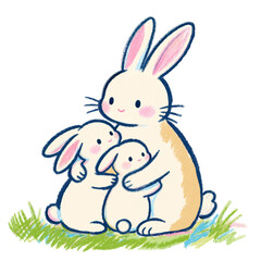 doodle of a mother rabbit hugging two baby bunnies