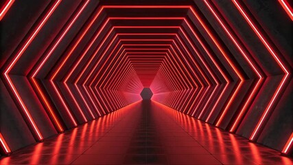 Futuristic red neon light tunnel with repeating hexagonal geometric shapes creating an infinite perspective. - Powered by Adobe