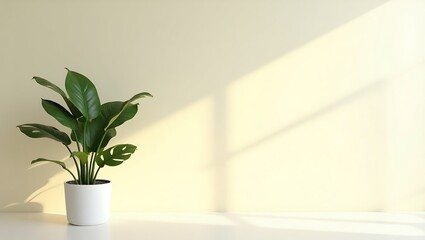 Green houseplant in white pot with sunlight shadows on wall
