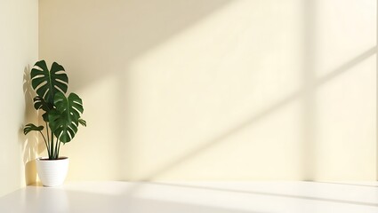 Monstera plant in a bright room with geometric sunlight patterns