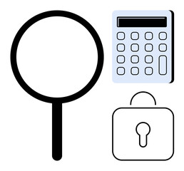 Black magnifying glass, digital calculator, and padlock. Ideal for research, security, analysis, privacy, finance problem-solving technology themes. Simple flat metaphor