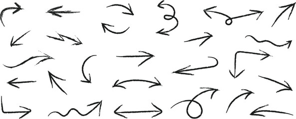 Black Crayon Hand-Drawn Arrow Collection — Curved, Wavy, and Spiral Sketch Vector Set