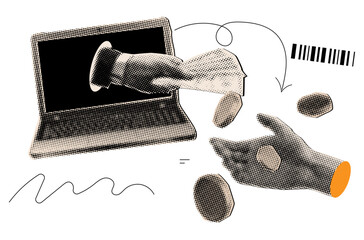 Trendy halftone collage businessman hand giving dollars from laptop,falling coins,Financial transactions and investments, currency exchange concept.