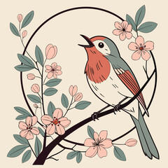 A cute vector illustration of a bird on a branch with floral design leaves for spring nature art