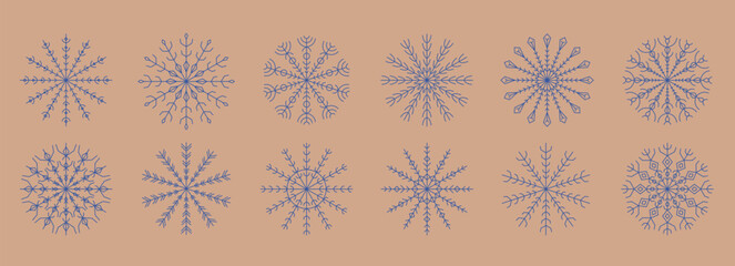 Thin line winter snowflakes crystal designs. Merry Christmas and happy new year ornament, snowfall symbol for card, banner, package vector illustration