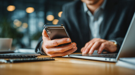 Man holding smartphone in modern office, checking emails and managing tasks, multitasking with laptop for productivity and project management.