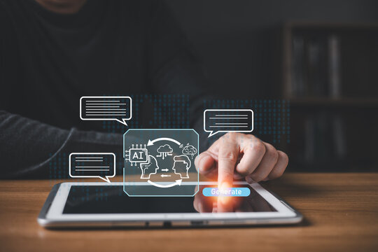 businessman touch tablet featuring AI assistant chat interface icon, illustrating artificial intelligence communication, chatbot technology, and digital language model generation in modern innovation. - Powered by Adobe