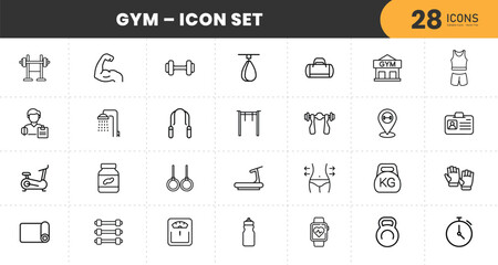  Modern Gym and Fitness Line Icon Set for Workout, Exercise, Bodybuilding, Health, Sports, Training, Wellness, and Gym Equipment Design with transparent Background.