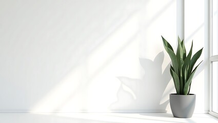 Minimalist interior with snake plant and sunlight shadows