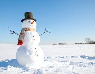 Snow sculpture of a snowman in a field