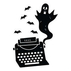 Ghostly Typewriter Halloween Scene with Floating Letters and Mist in Vintage Spooky Vector Style