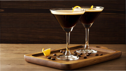 Espresso martini cocktails served on a wooden tray with coffee beans  