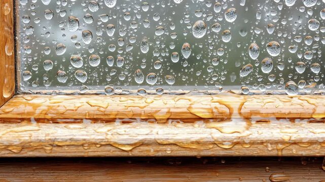 Rainy day close-up glistening water droplets on glass pane and wet wooden window frame - Powered by Adobe
