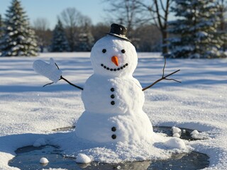 Obraz premium A cheerful snowman wearing a top hat and mitten stands in a sunlit, snowy field with pine trees, surrounded by a small puddle from melting snow.